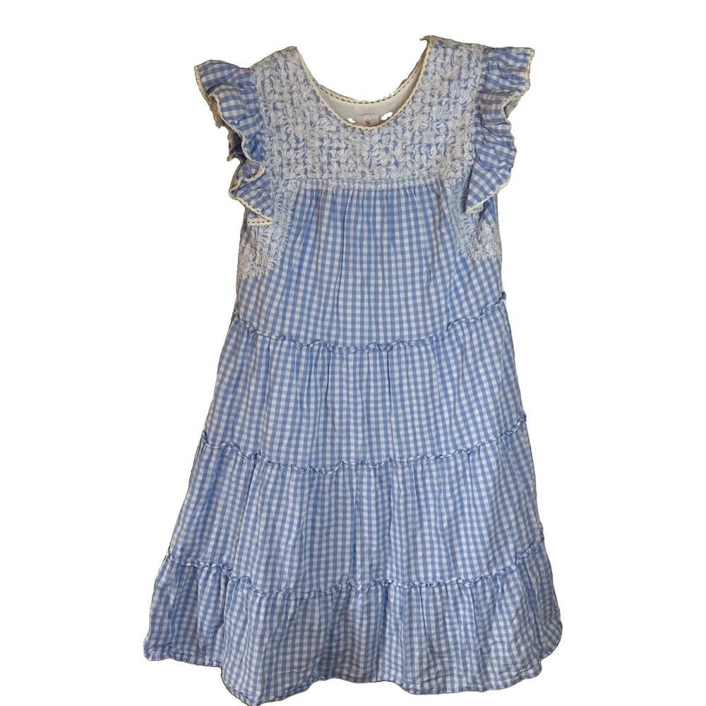 J. Marie Vintage Blue White Gingham Smocked Tiered Ruffle Maxi Dress S Cottage